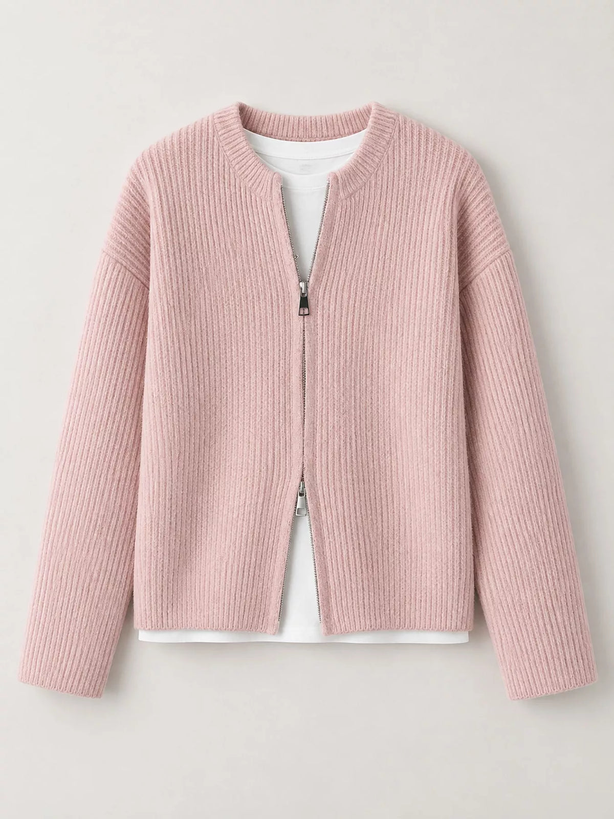 Zip-Up Dropped Shoulder Ribbed Cardigan