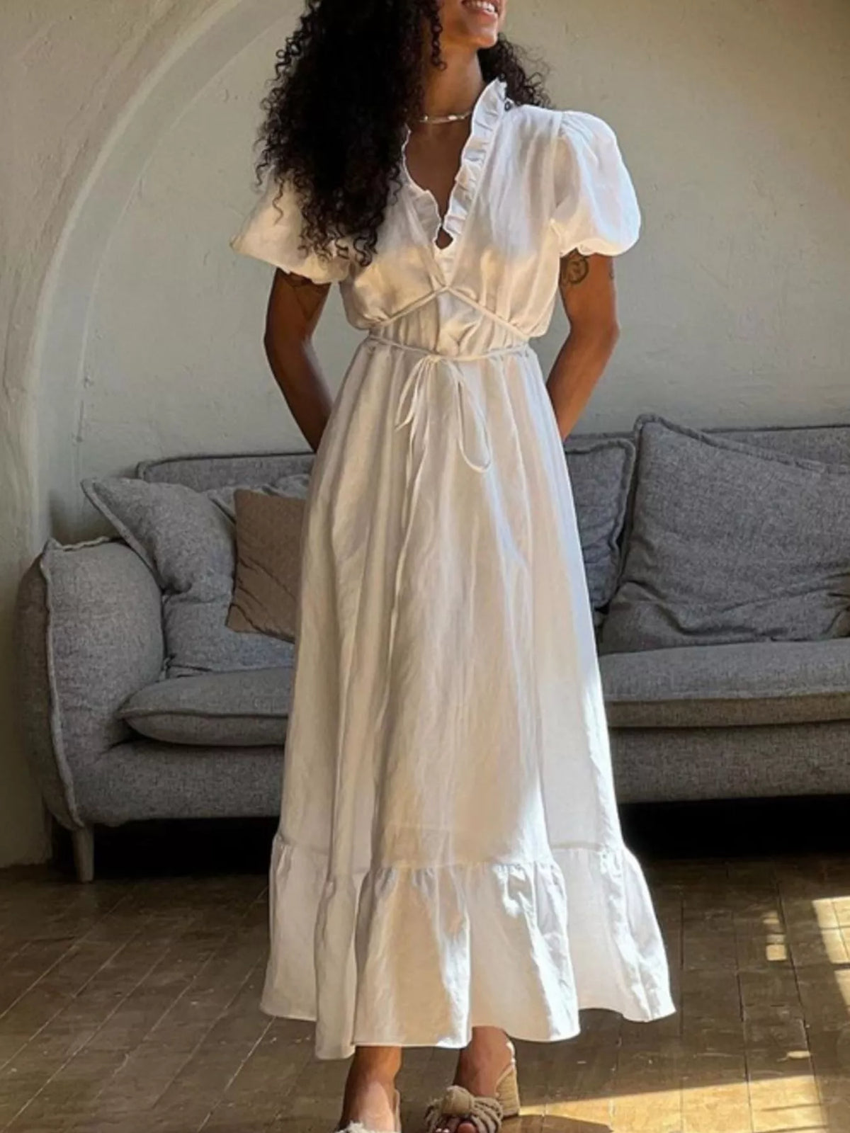 Tie Waist Puff Sleeve Maxi Dress with Frill Detail
