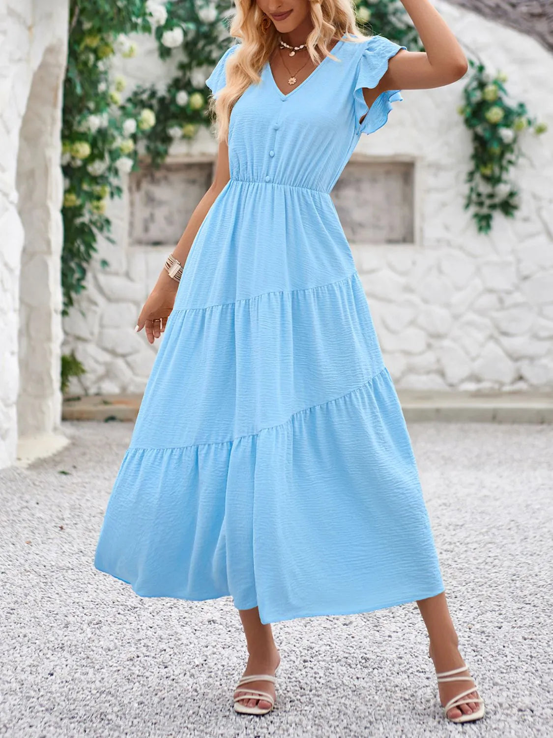 V-Neck Ruffle Sleeve Dress by Golden Gueen