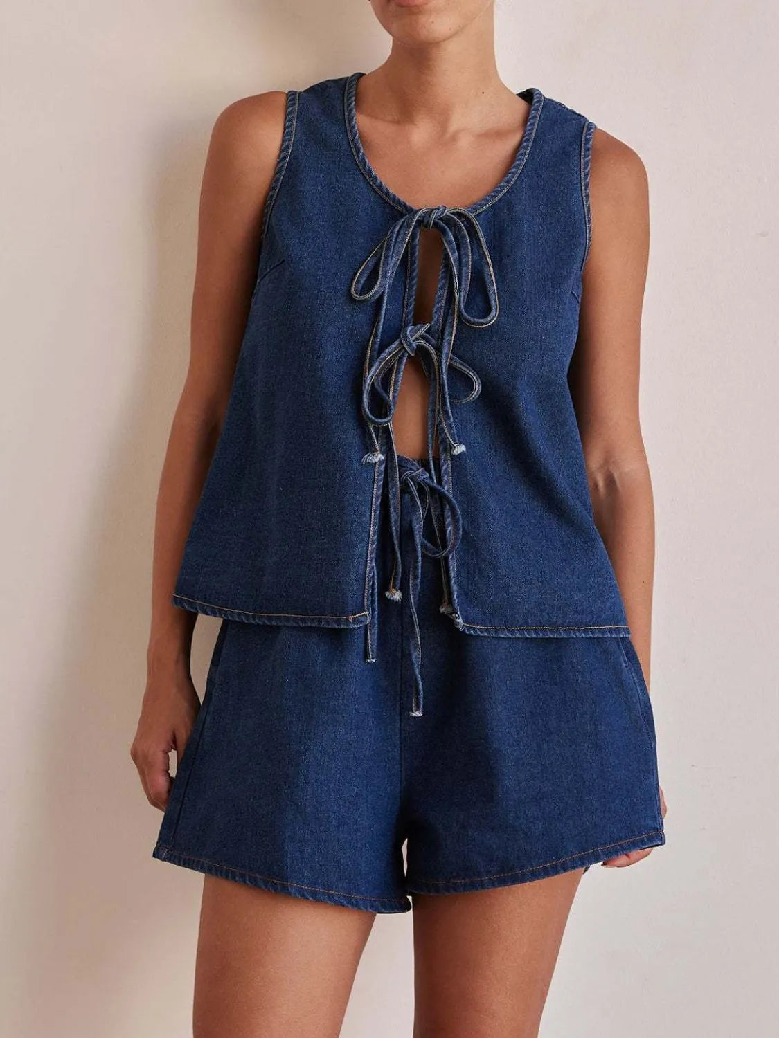 Tie-Front Vest and Shorts Denim Set