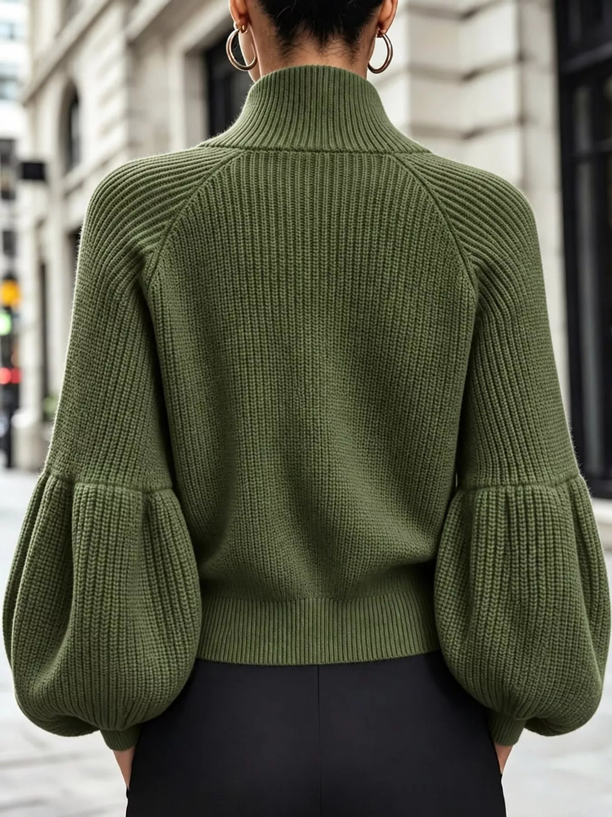 Ribbed Knit Zip-Up Cardigan with Lantern Sleeves
