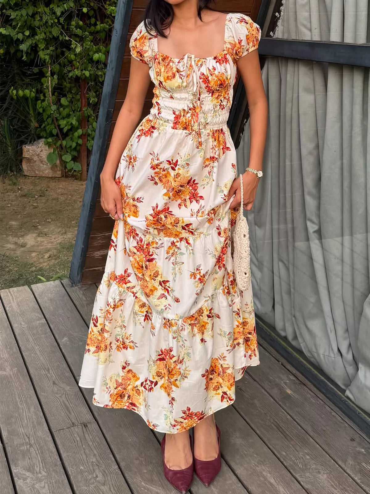Floral Square Neck Puff Sleeve Maxi Dress in Sherbet