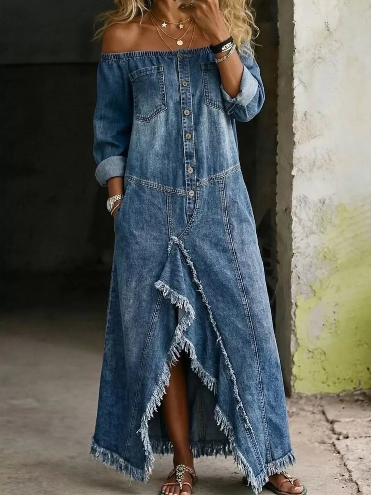 Off-Shoulder Raw Hem Denim Maxi Dress in Blue