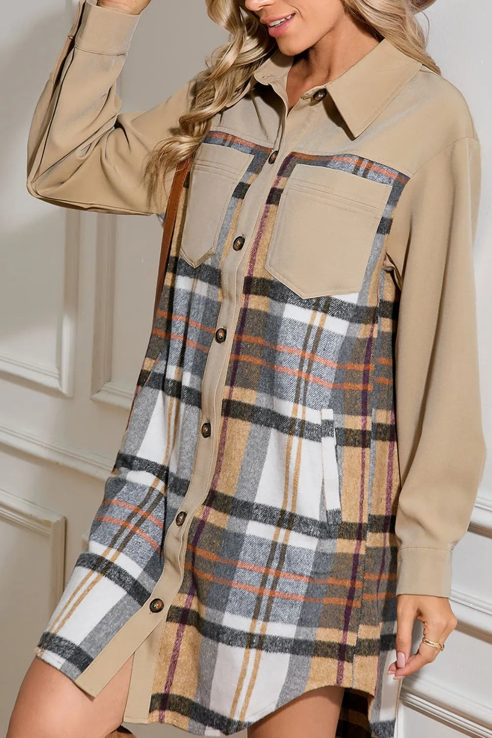 Pocketed Plaid Long-Sleeve Mini Shirt Dress in Khaki