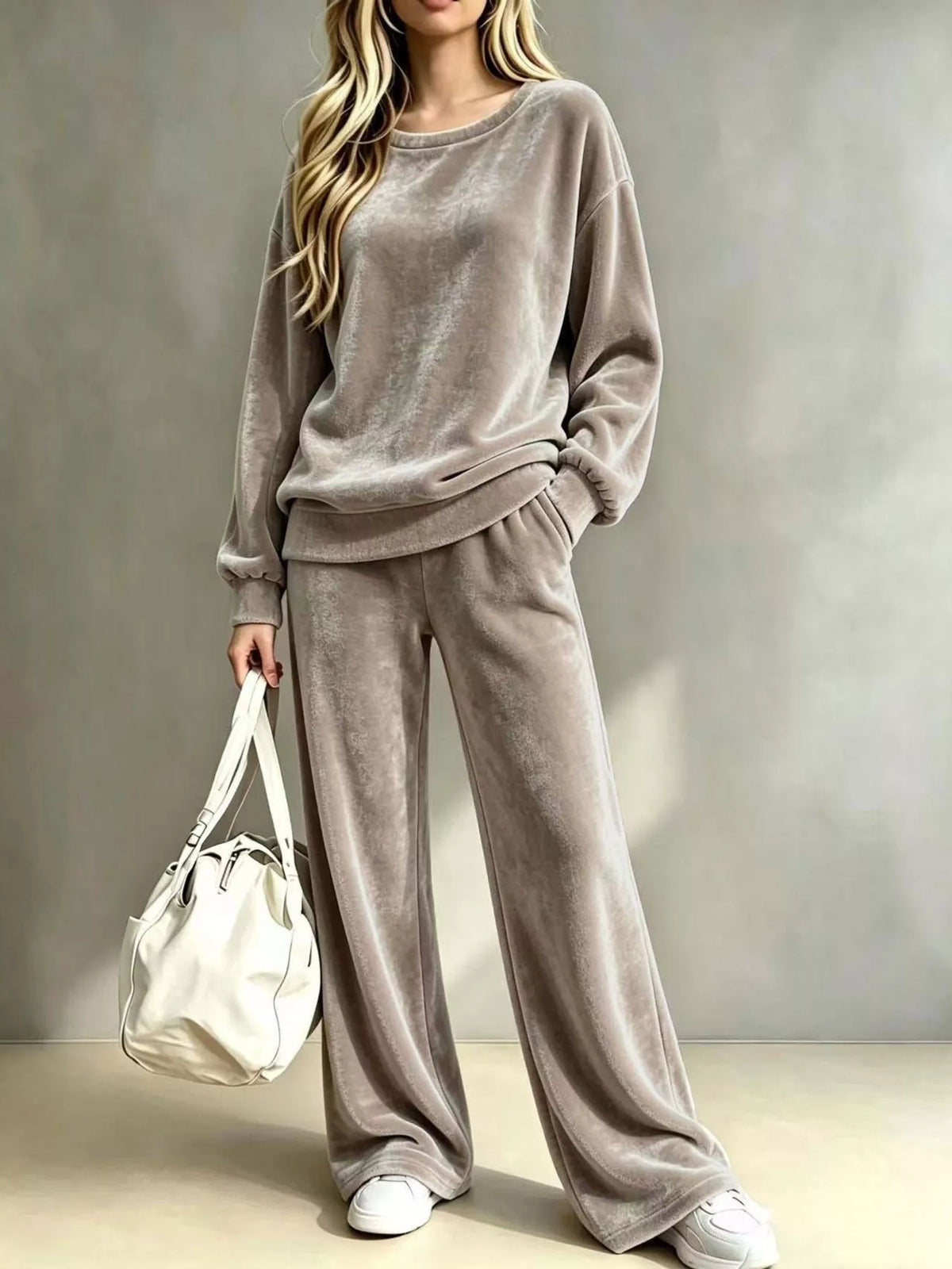 Dropped Shoulder Velvet Top and Wide Leg Pants Set