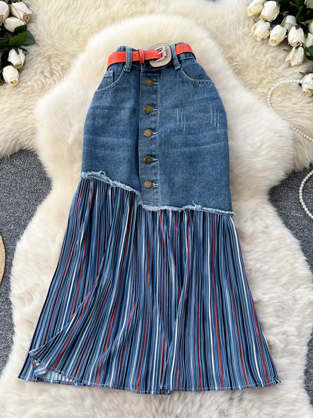 Striped Patchwork Denim Skirt in Blue
