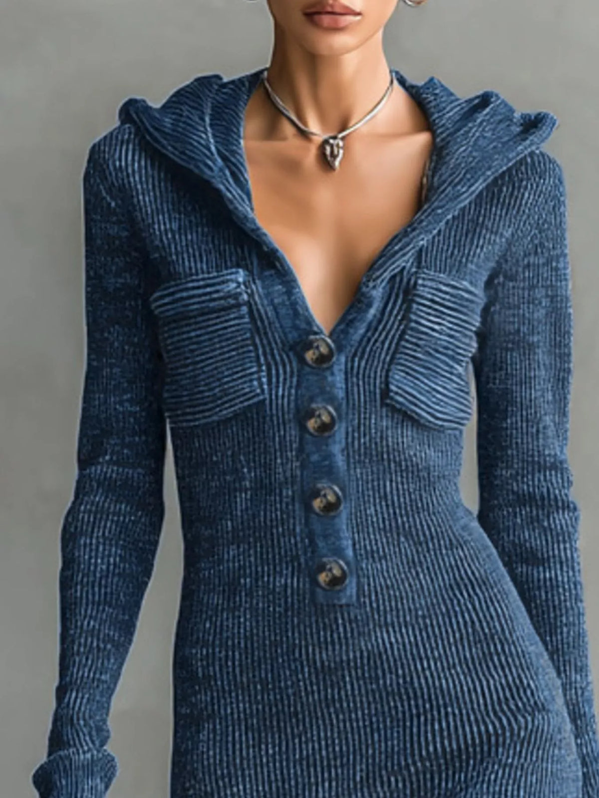 Hooded Knit Maxi Dress with Chest Pockets