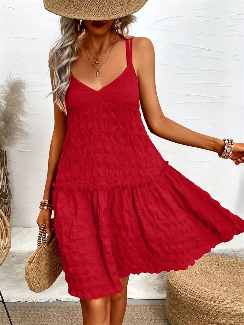 Crisscross Tiered Cami Dress in Scarlet