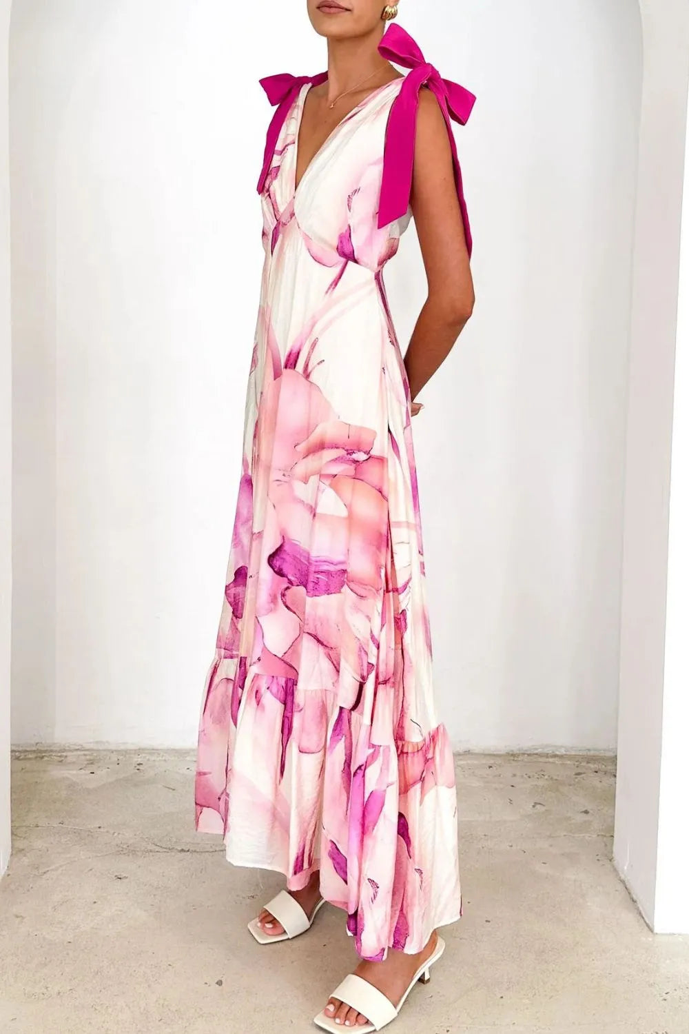 Printed Tie-Shoulder Ruched V-Neck Midi Dress