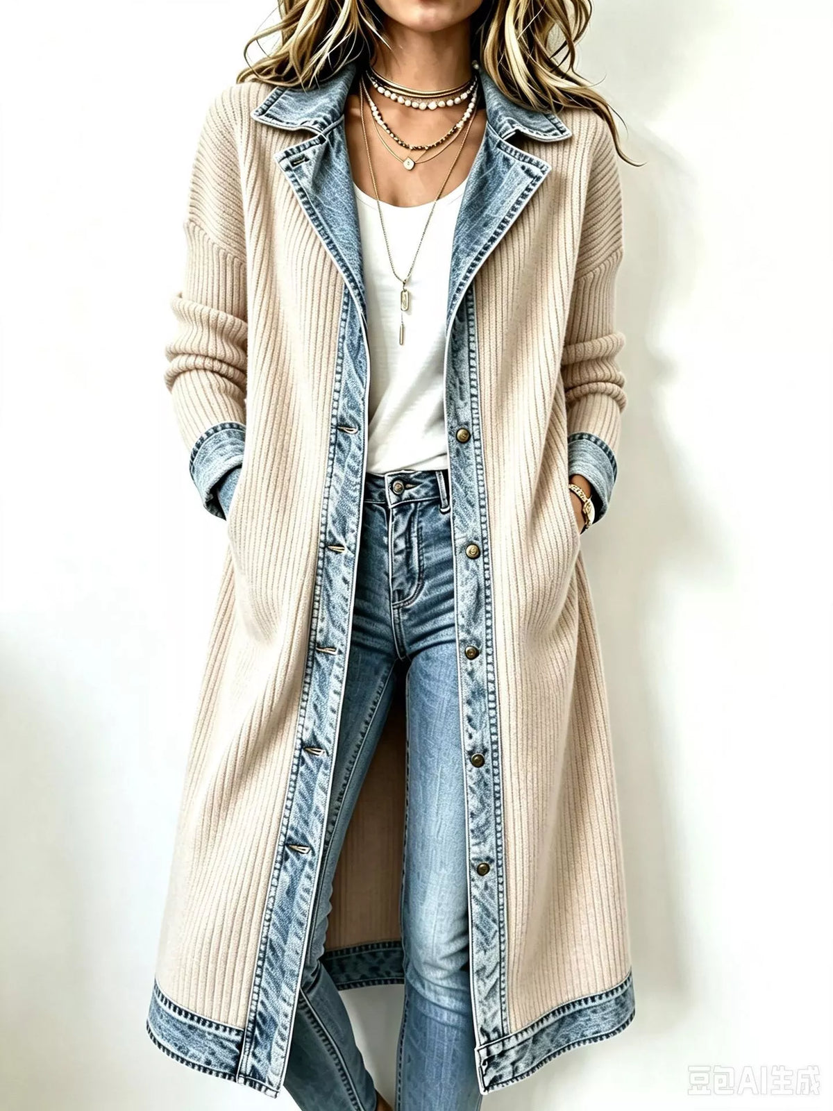 Denim-Trimmed Longline Cardigan