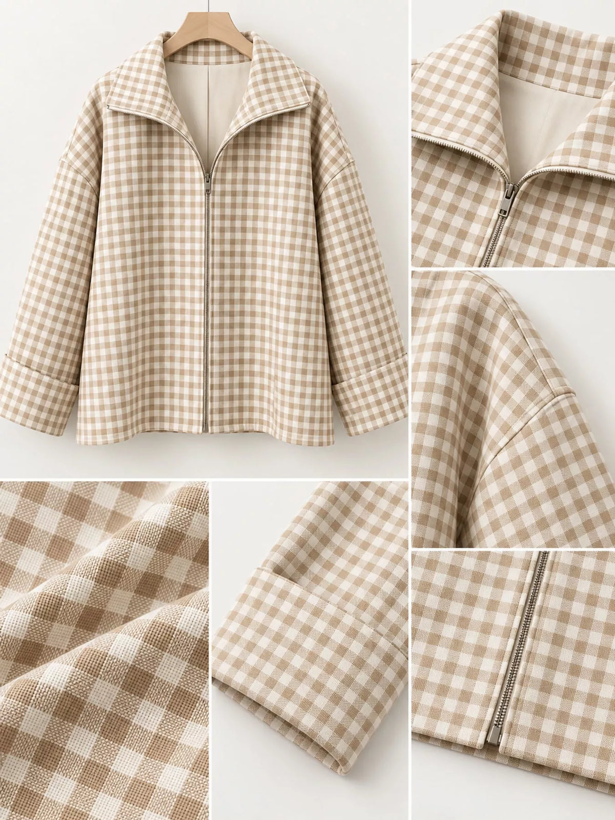 Oversized Plaid Zip-Up Jacket