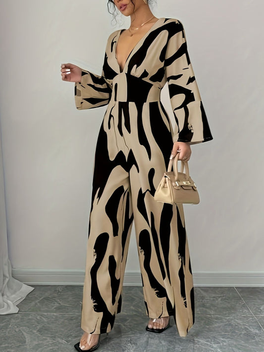Abstract Print Belted Jumpsuit in Khaki