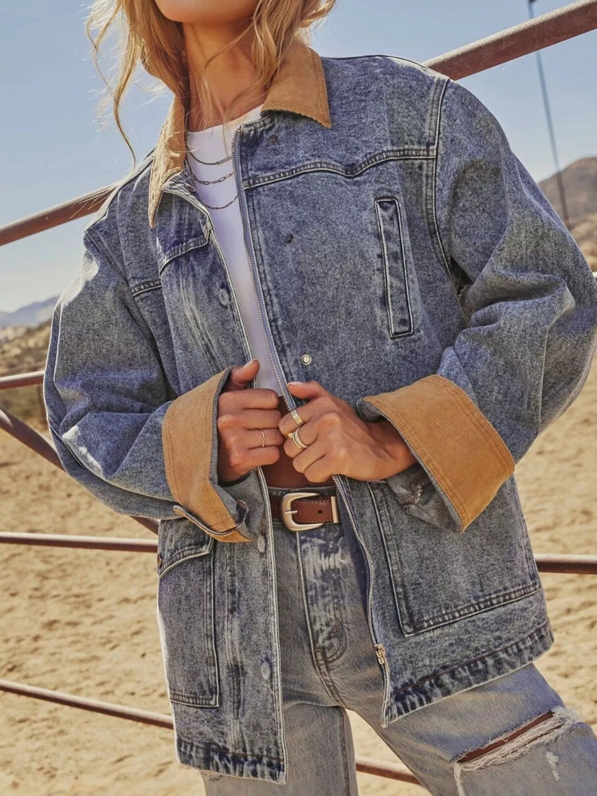 Corduroy Collar Denim Jacket in Blue