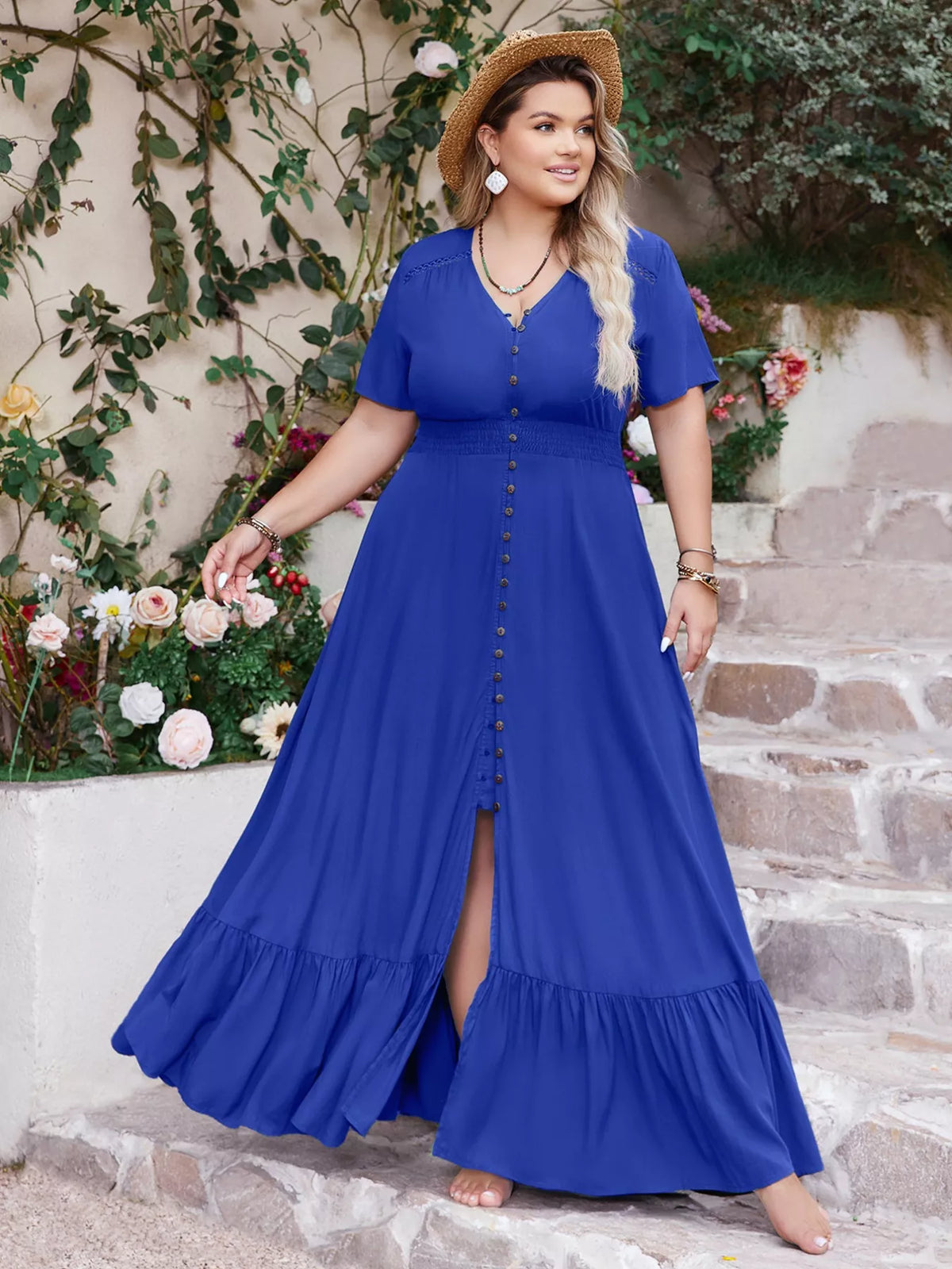 V-Neck Ruffled Hem Maxi Dress in Royal Blue