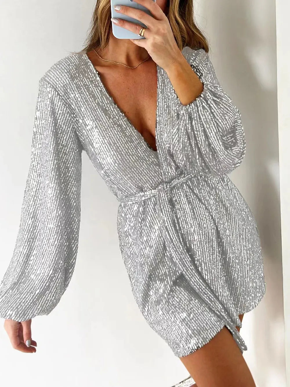 Sequin Surplice Tie Waist Romper