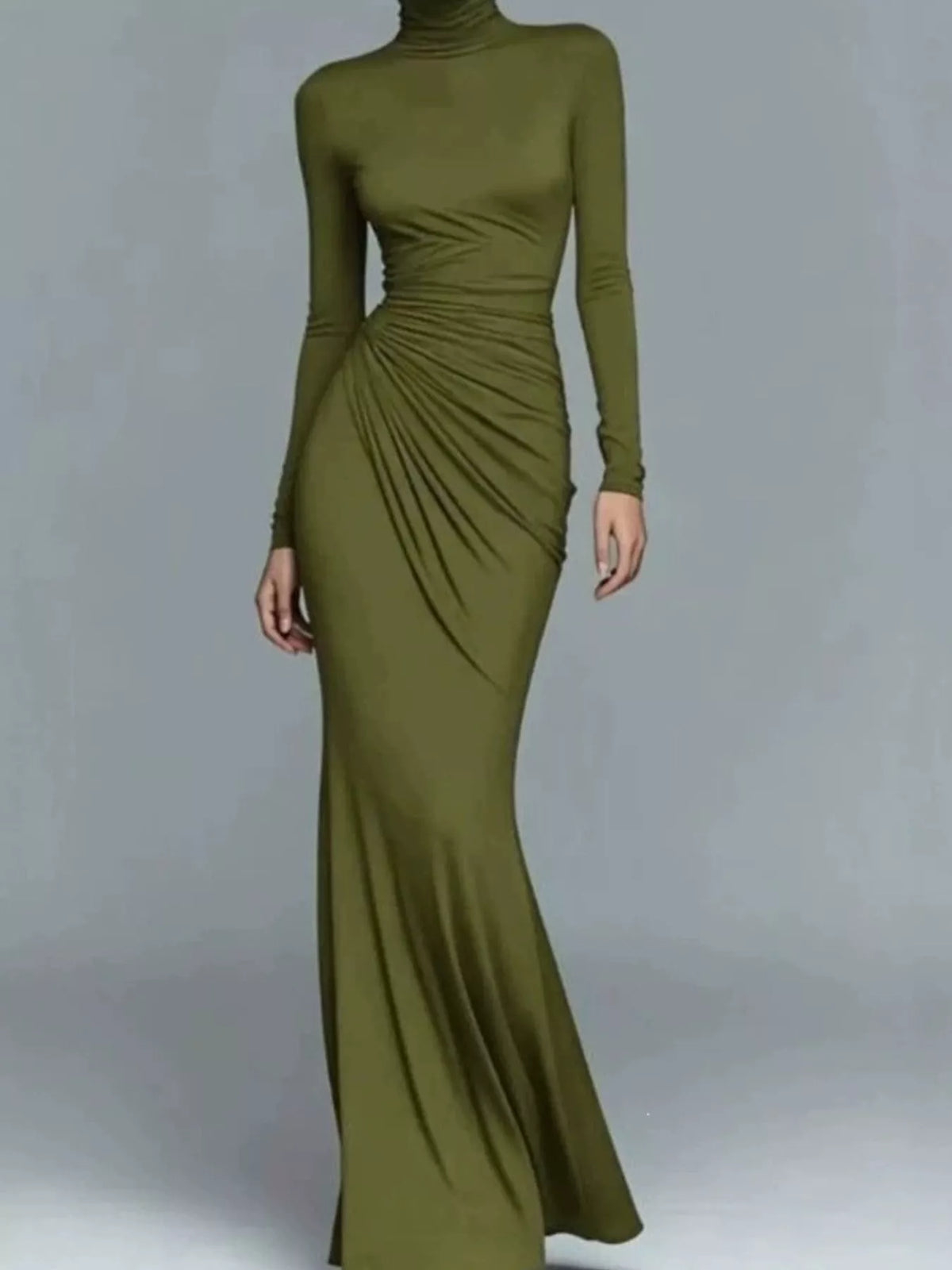 Turtleneck Long Sleeve Ruched Maxi Dress