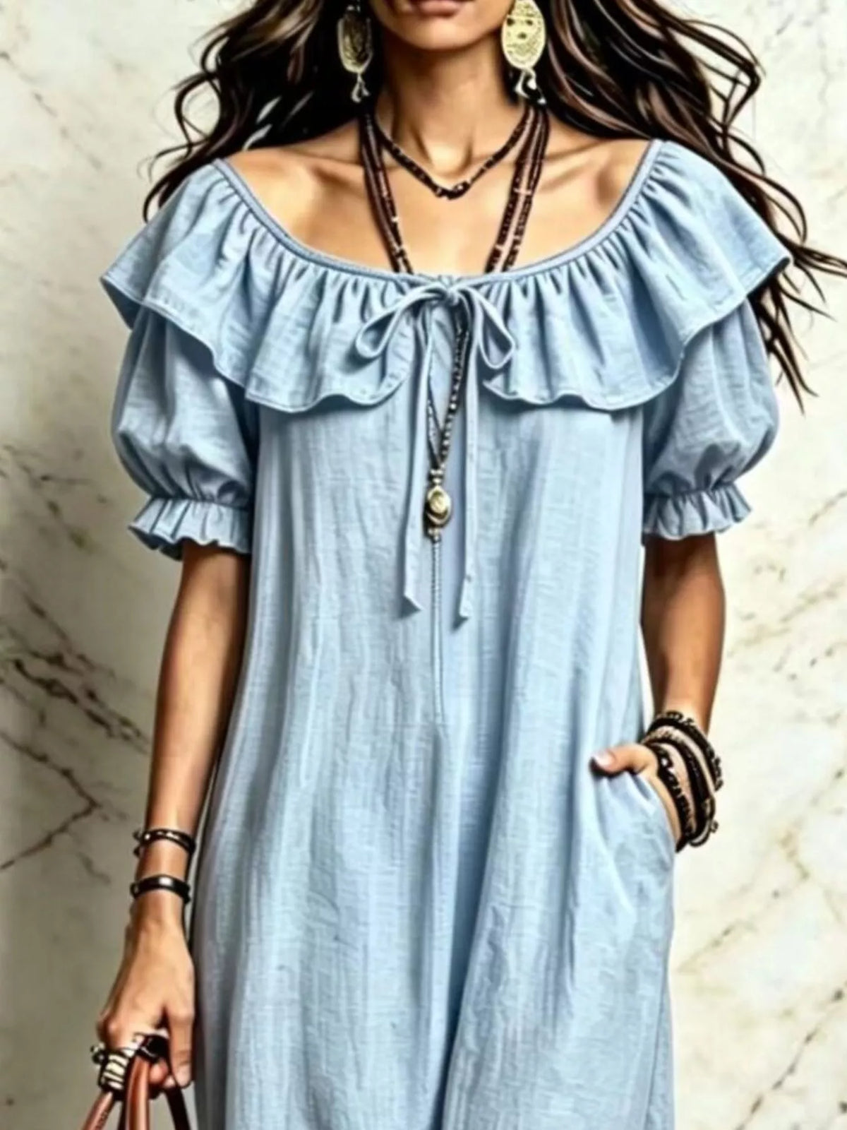 Puff Sleeve Ruffle Trim Maxi Dress