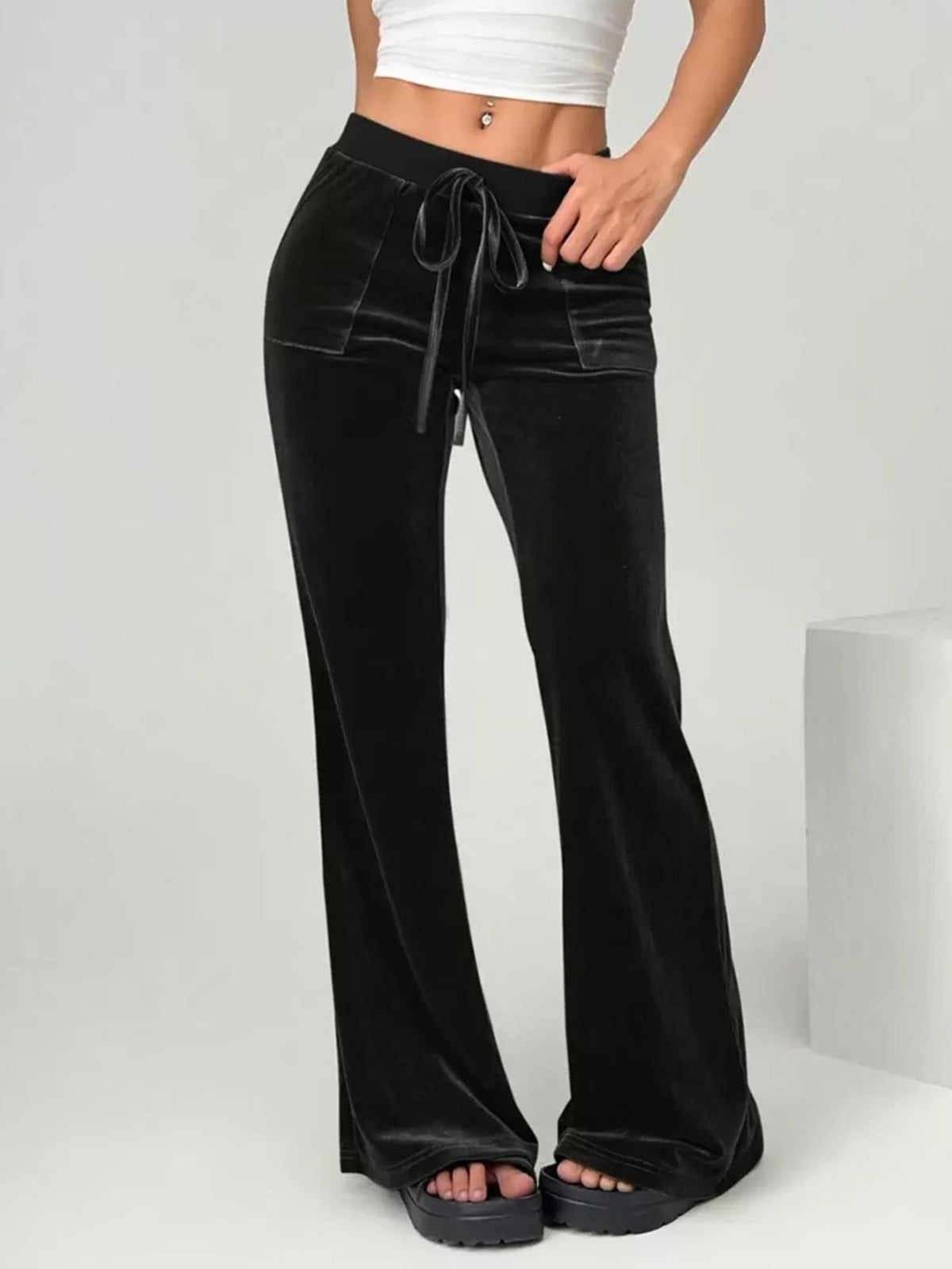 Velvet Flare Pants with Drawstring Waist