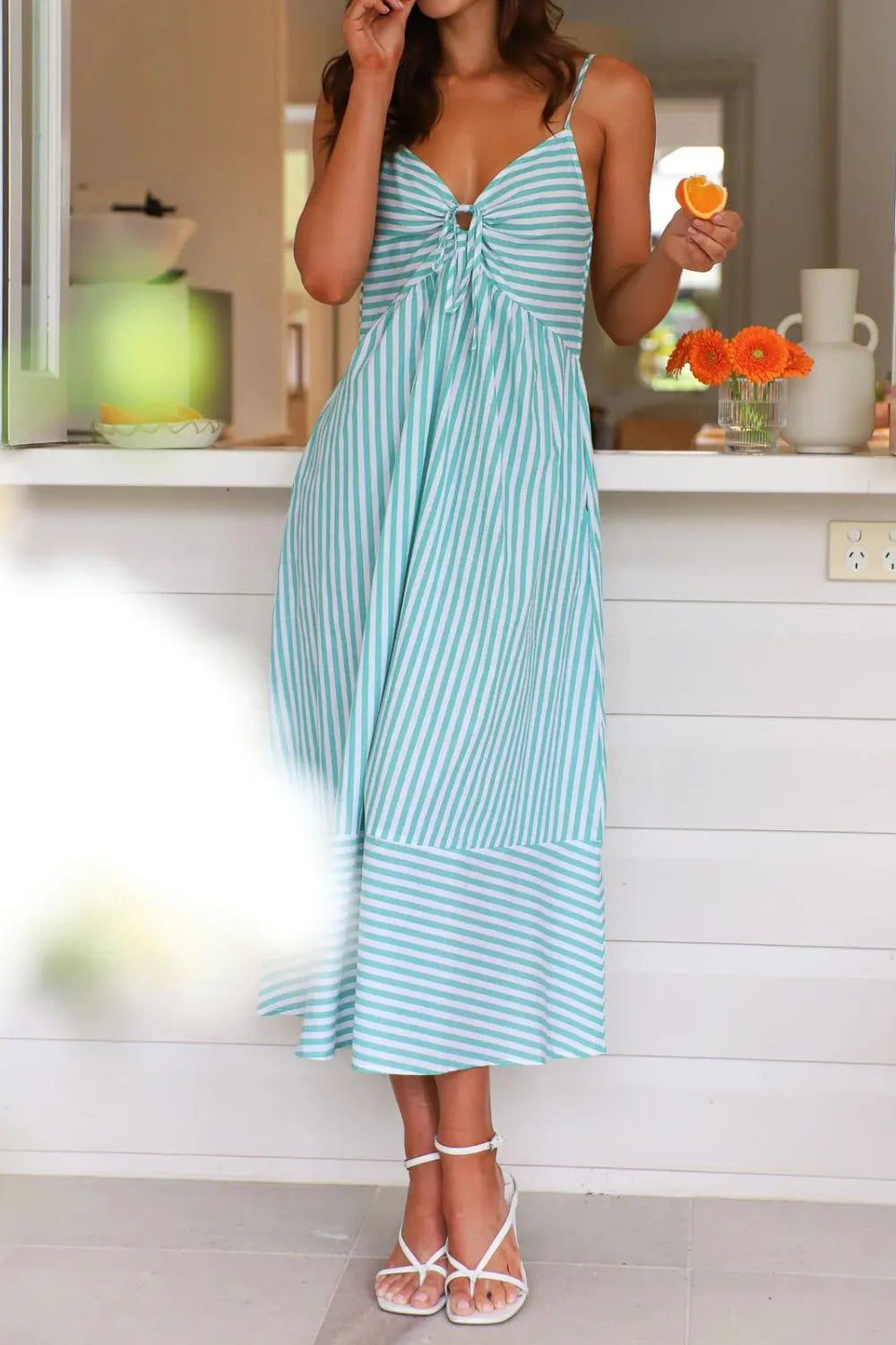 Striped Smocked-Back Midi Dress
