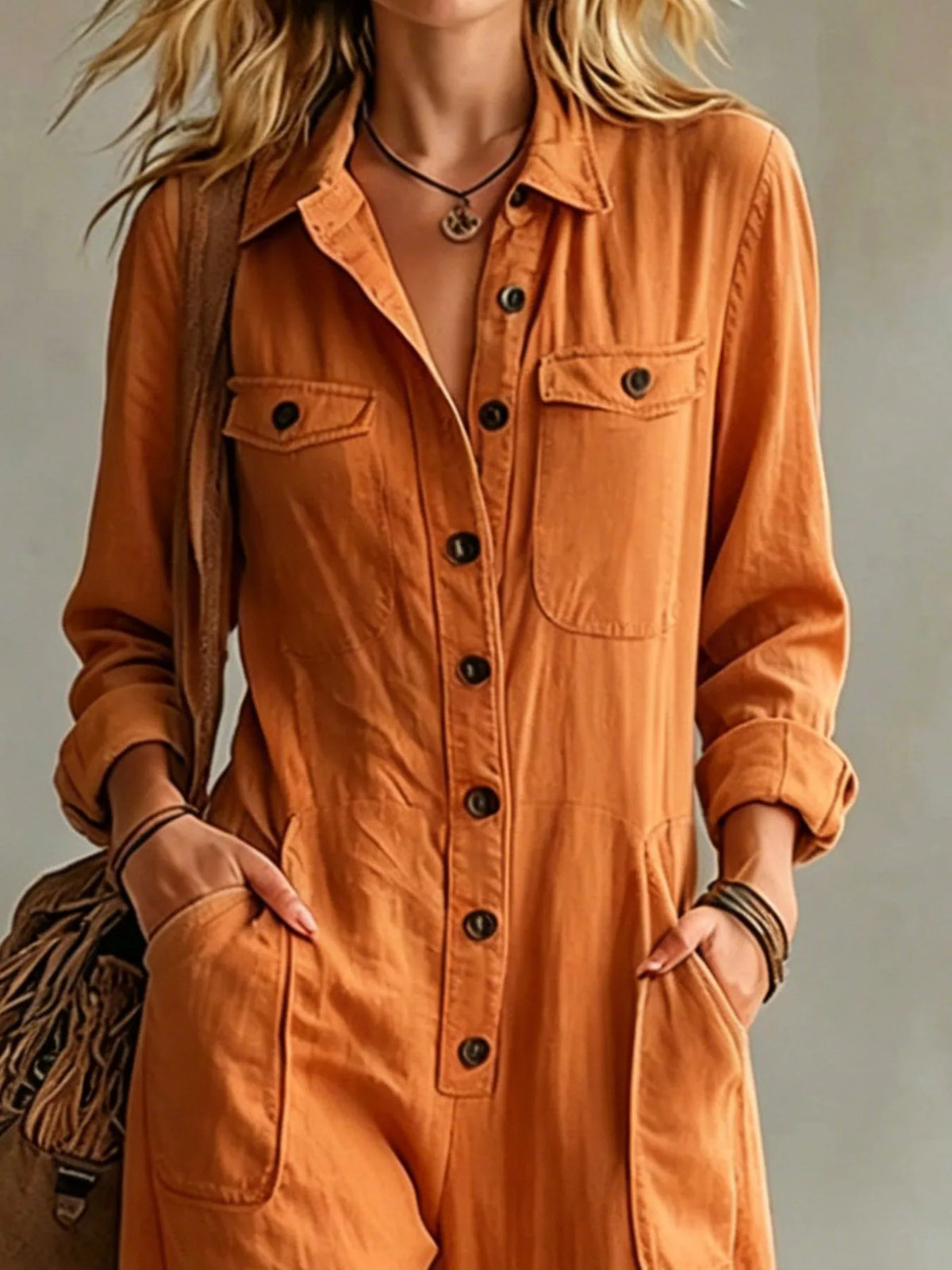 Long Sleeve Button Front Jumpsuit