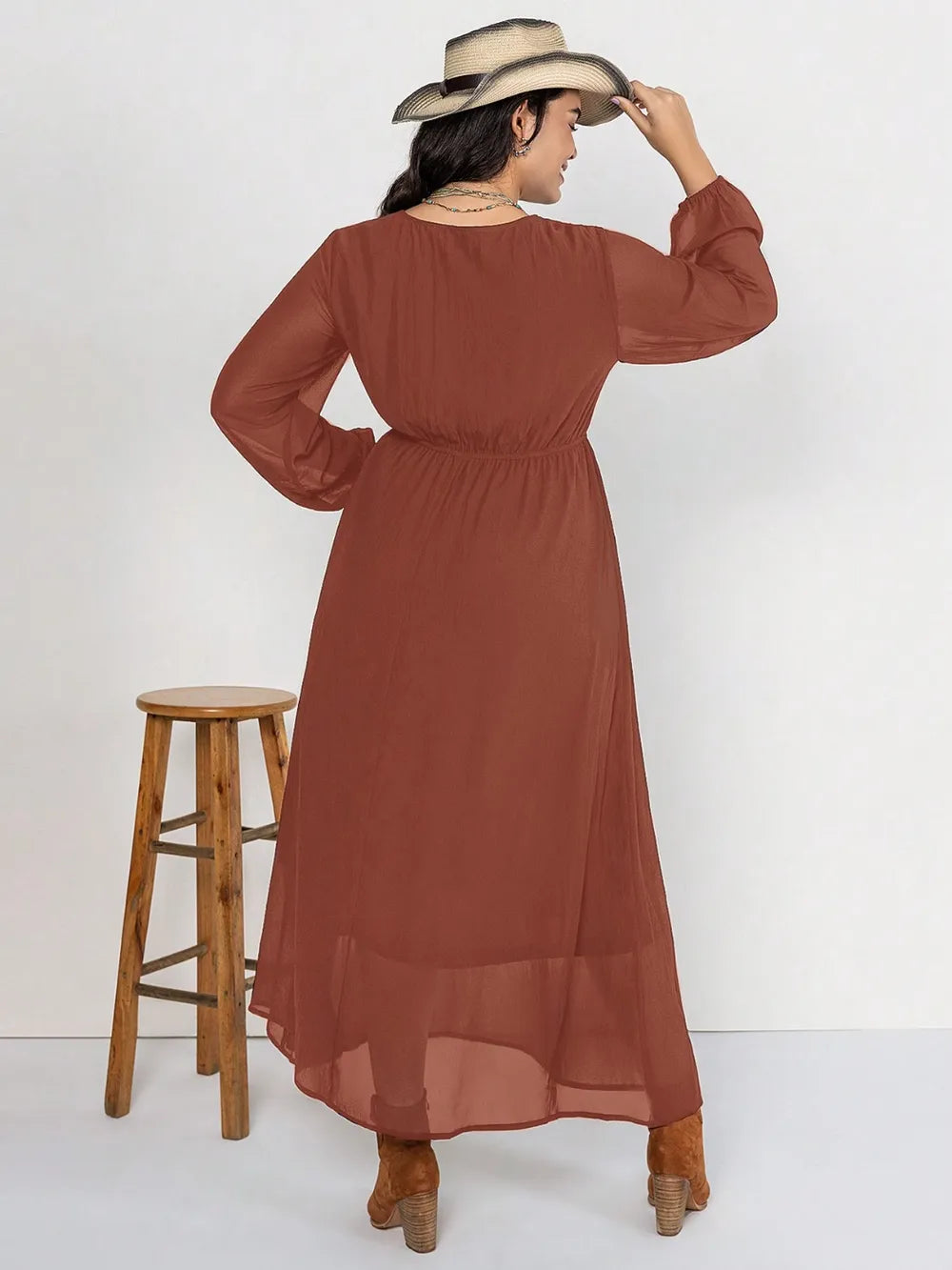 Plus Size Embroidered Tie-Neck Dress in Chestnut