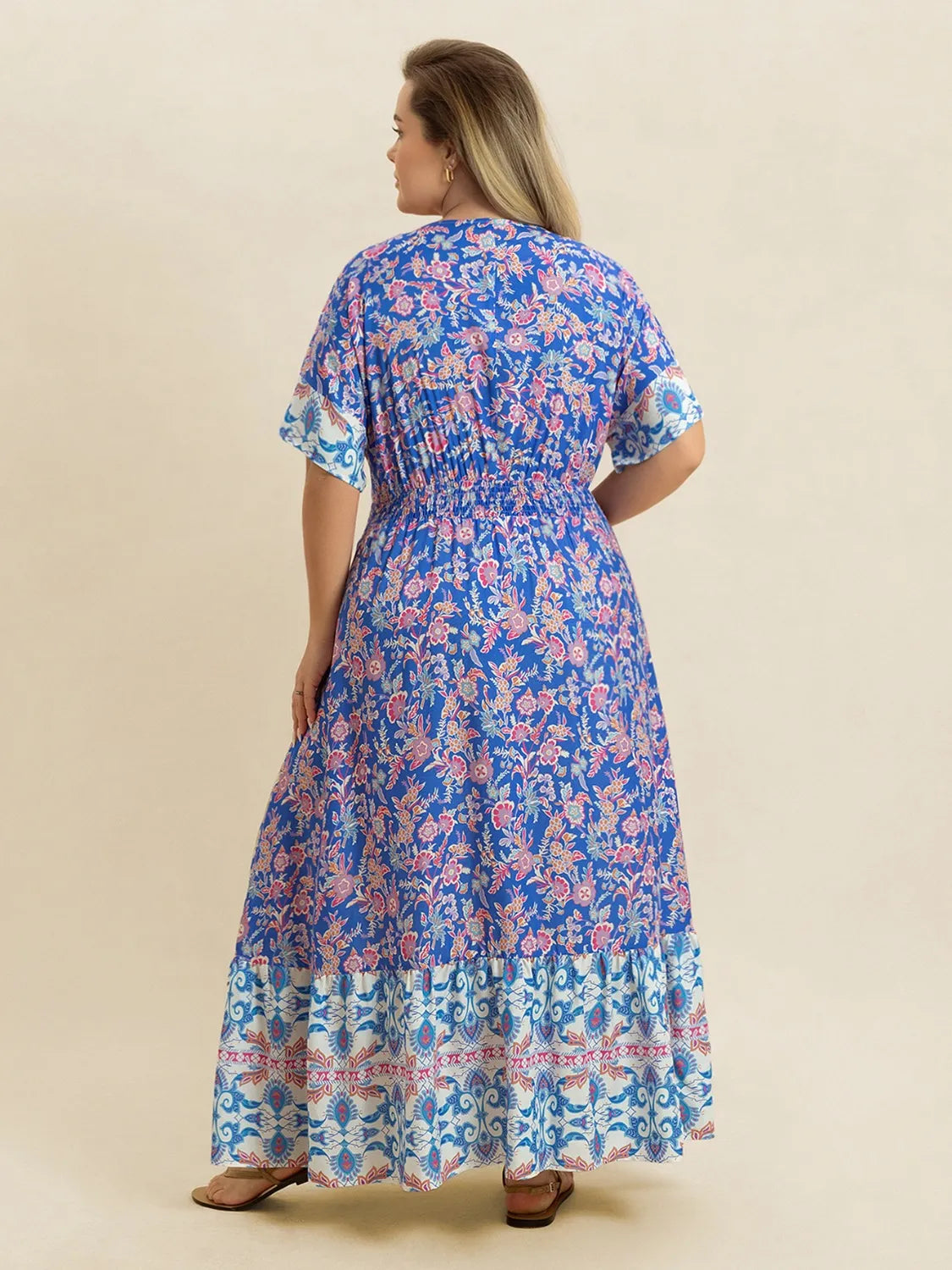 Smocked Printed Midi Dress in Blue Purple