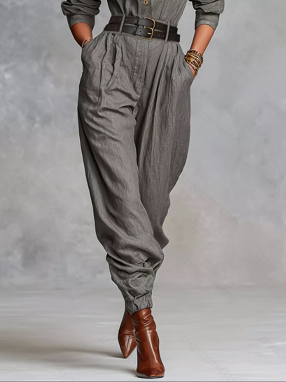 Button Front Long-Sleeve Jumpsuit in Gray