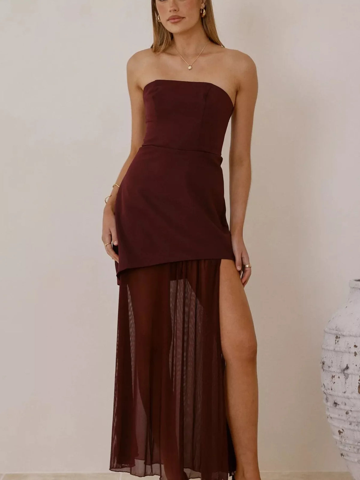 High Slit Mesh Tube Maxi Dress in Burgundy