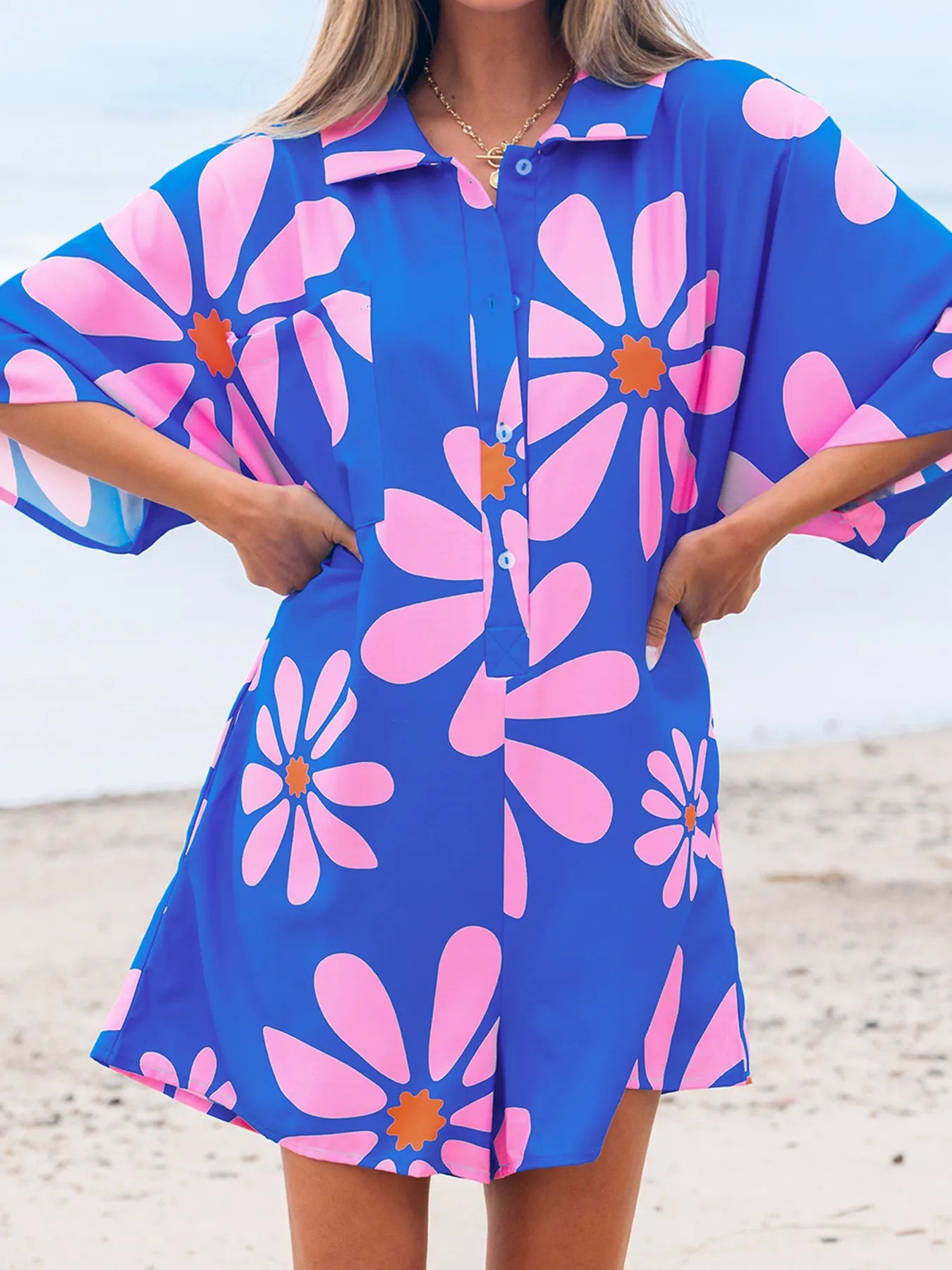 Flower Print Button Front Romper in Blue