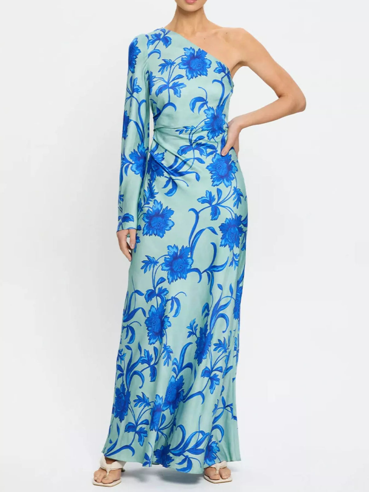 Floral One-Shoulder Maxi Dress in Sky Blue