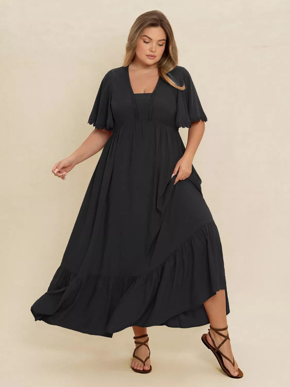 Ruffled Maxi Dress with Flutter Sleeves in Black