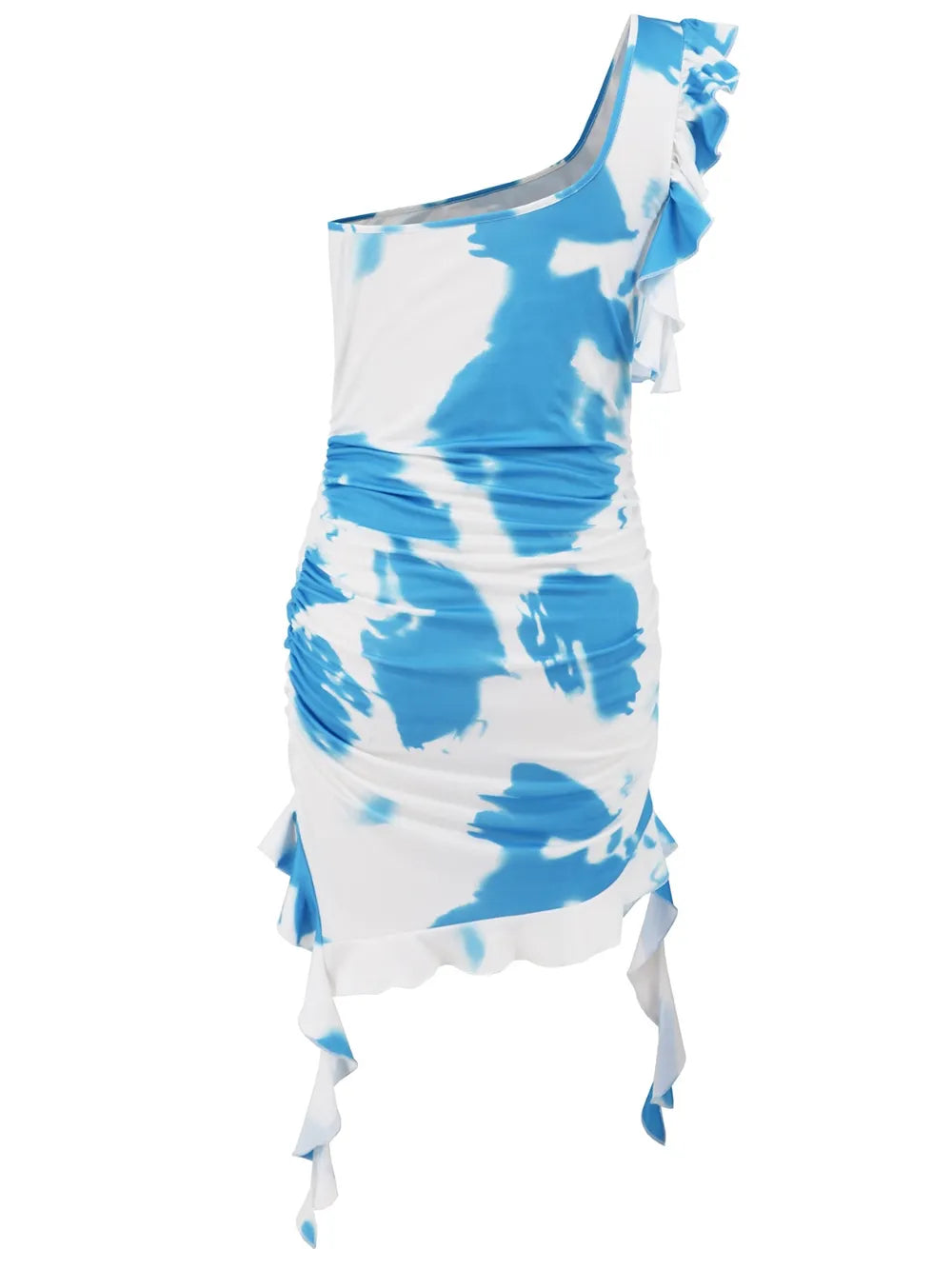 Ruffled Tie-Dye Single-Shoulder Mini Dress