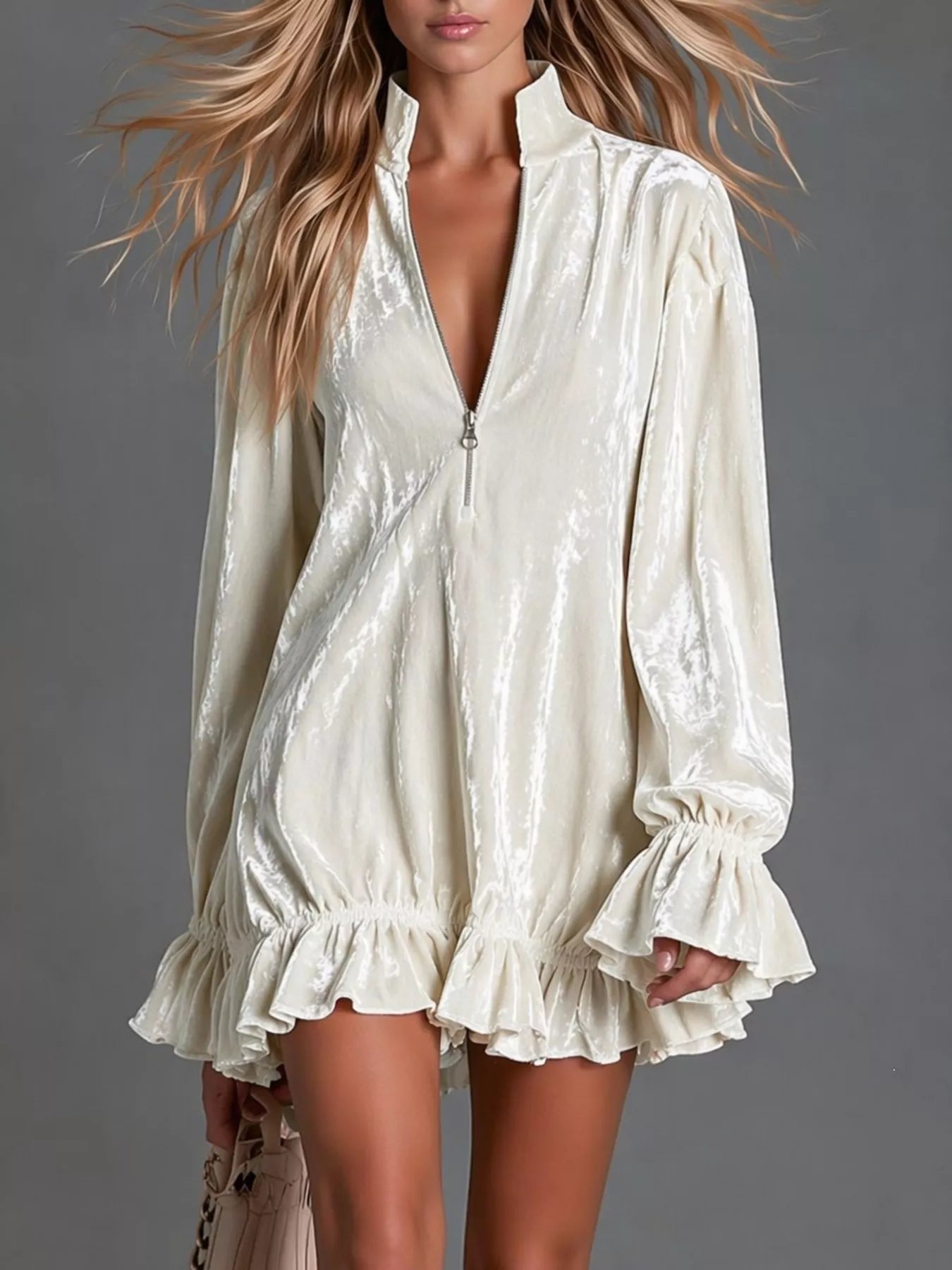 Zip-Front Ruffle-Hem Mini Dress