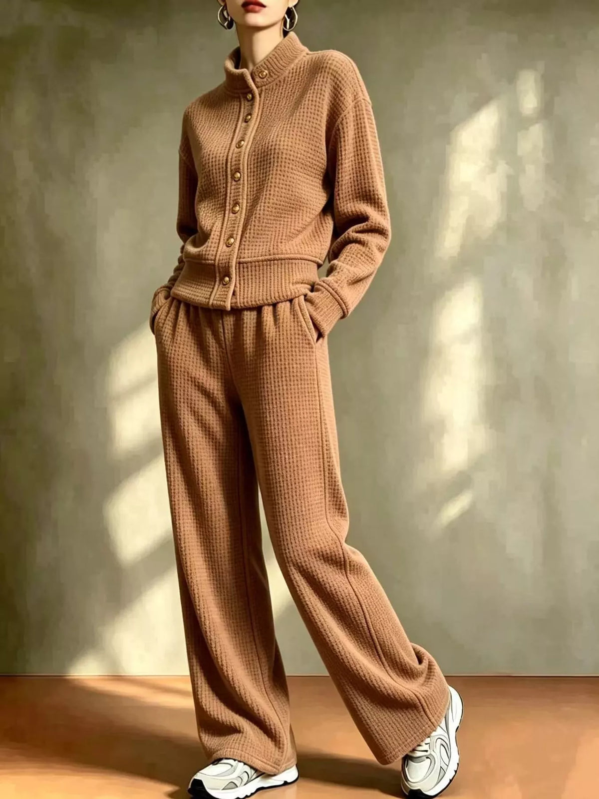 Waffle Knit Button-Up and Wide-Leg Pants Set
