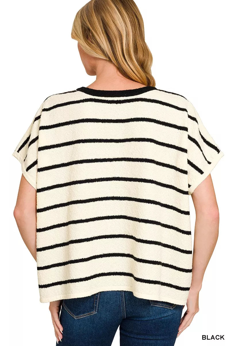 Zenana Striped Oversize Sweater Top in Black