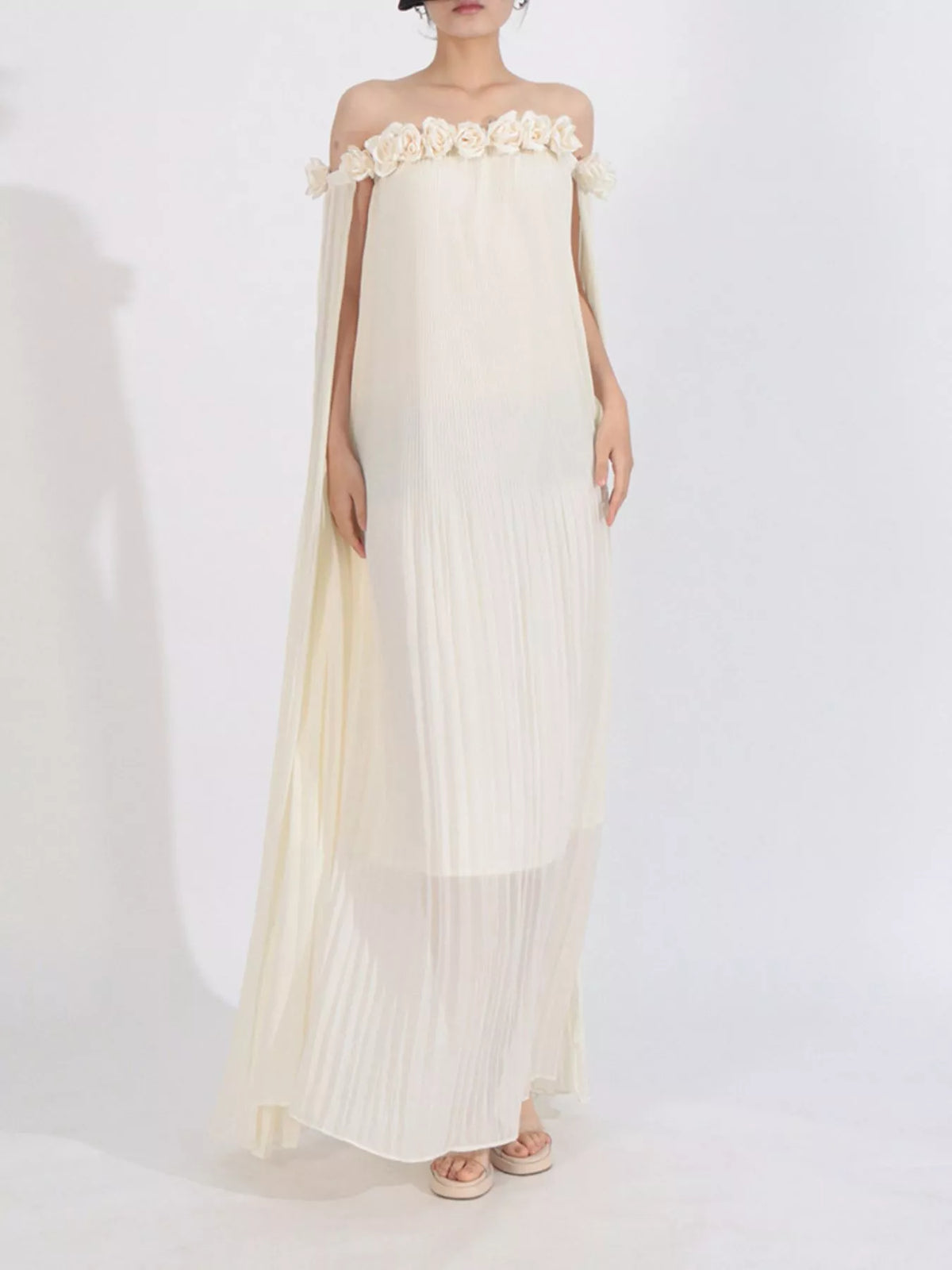 Off-Shoulder Pleated Floral Maxi Dress