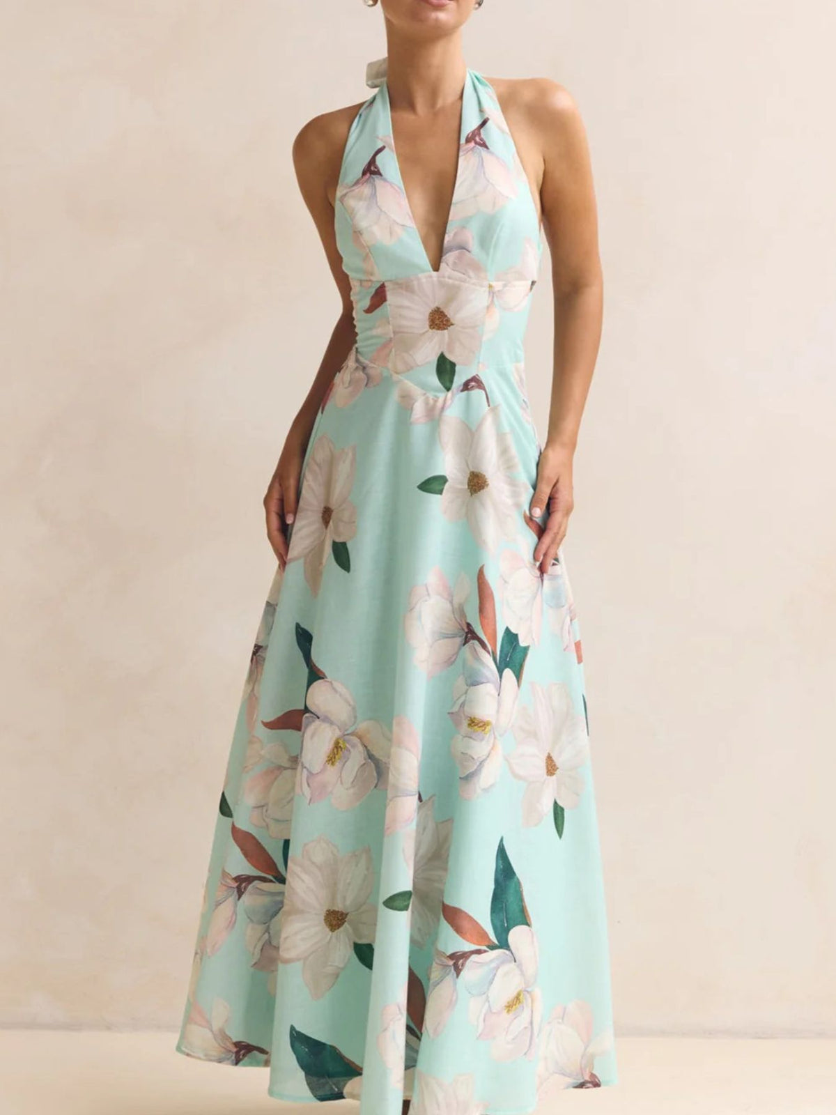 Floral Print Lace-Up Halter Maxi Dress