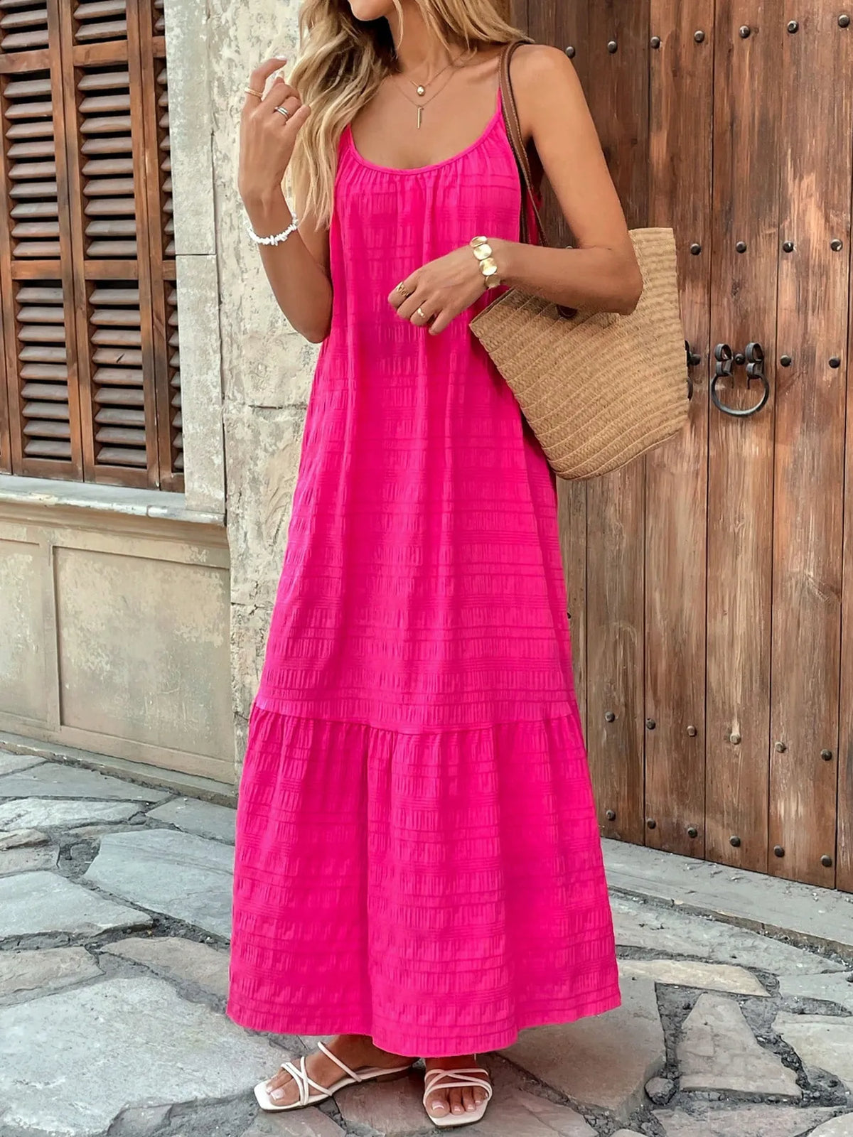Scoop Neck Tiered Cami Dress in Deep Rose