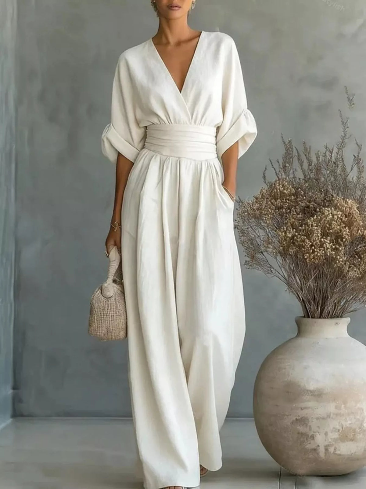 Ruched Half Sleeve Wide-Leg Jumpsuit
