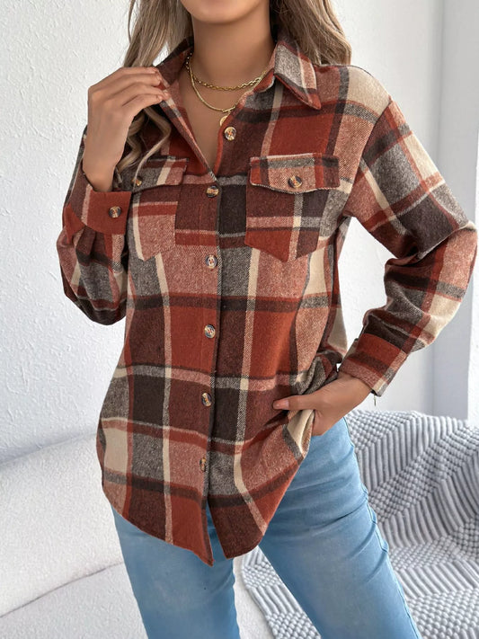 Plaid Button-Down Shacket by Clise