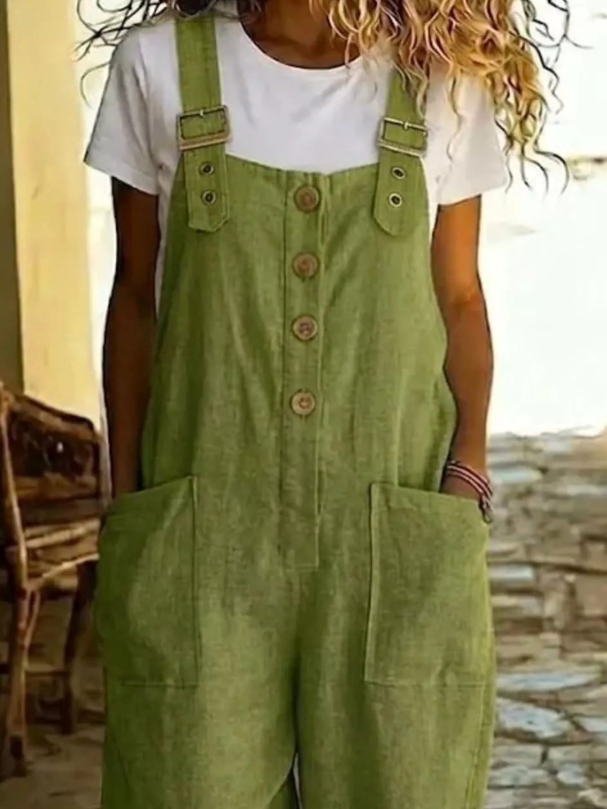 Button Front Wide Leg Overalls