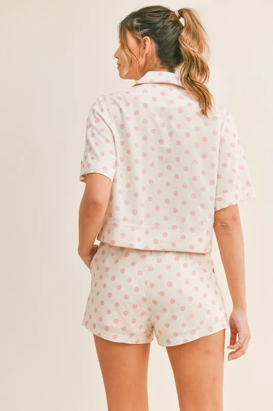 Polka Dot Collar Crop Top & Shorts Set in Pink