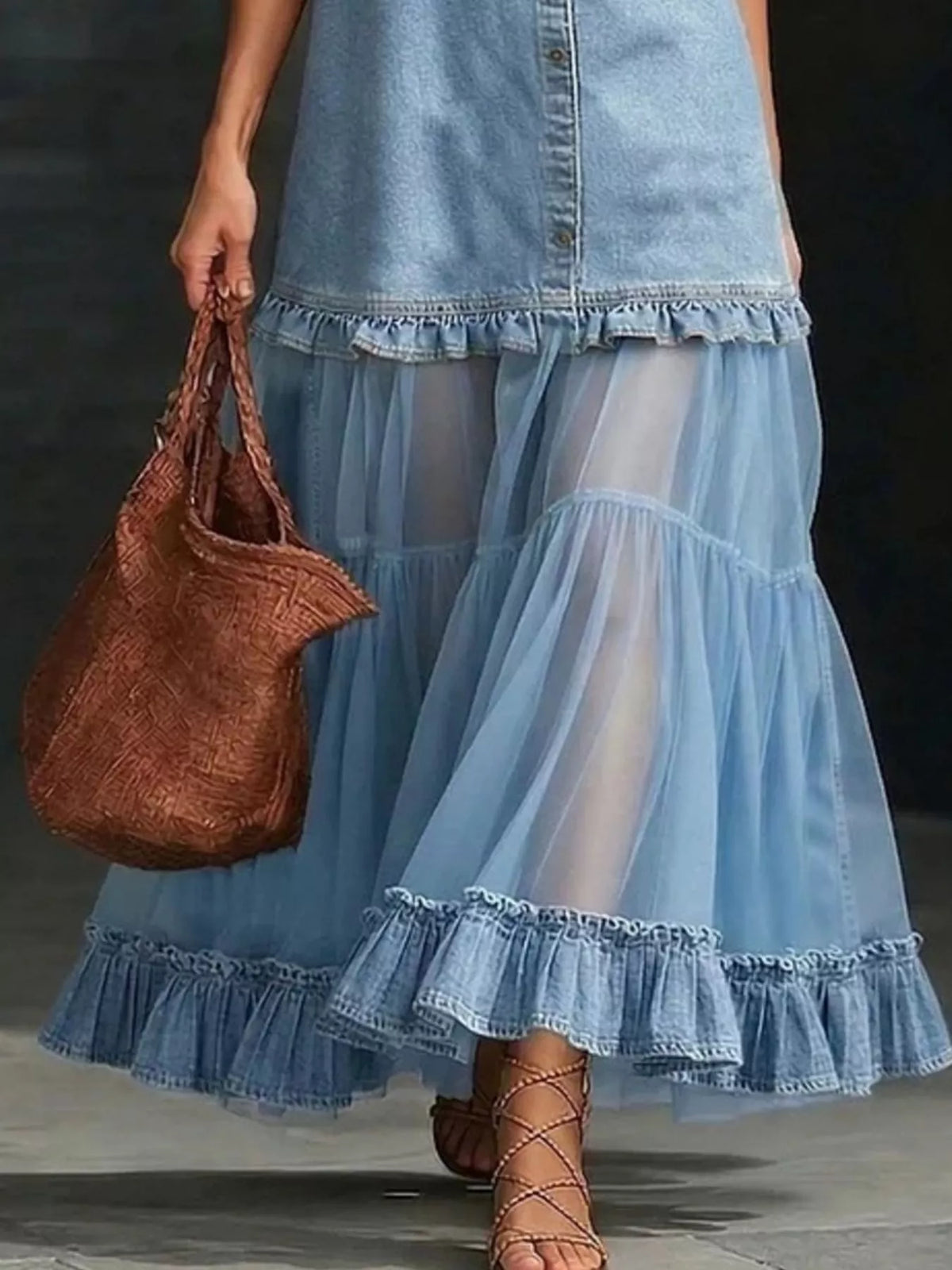Ruffle Hem Sheer Tulle Denim Dress