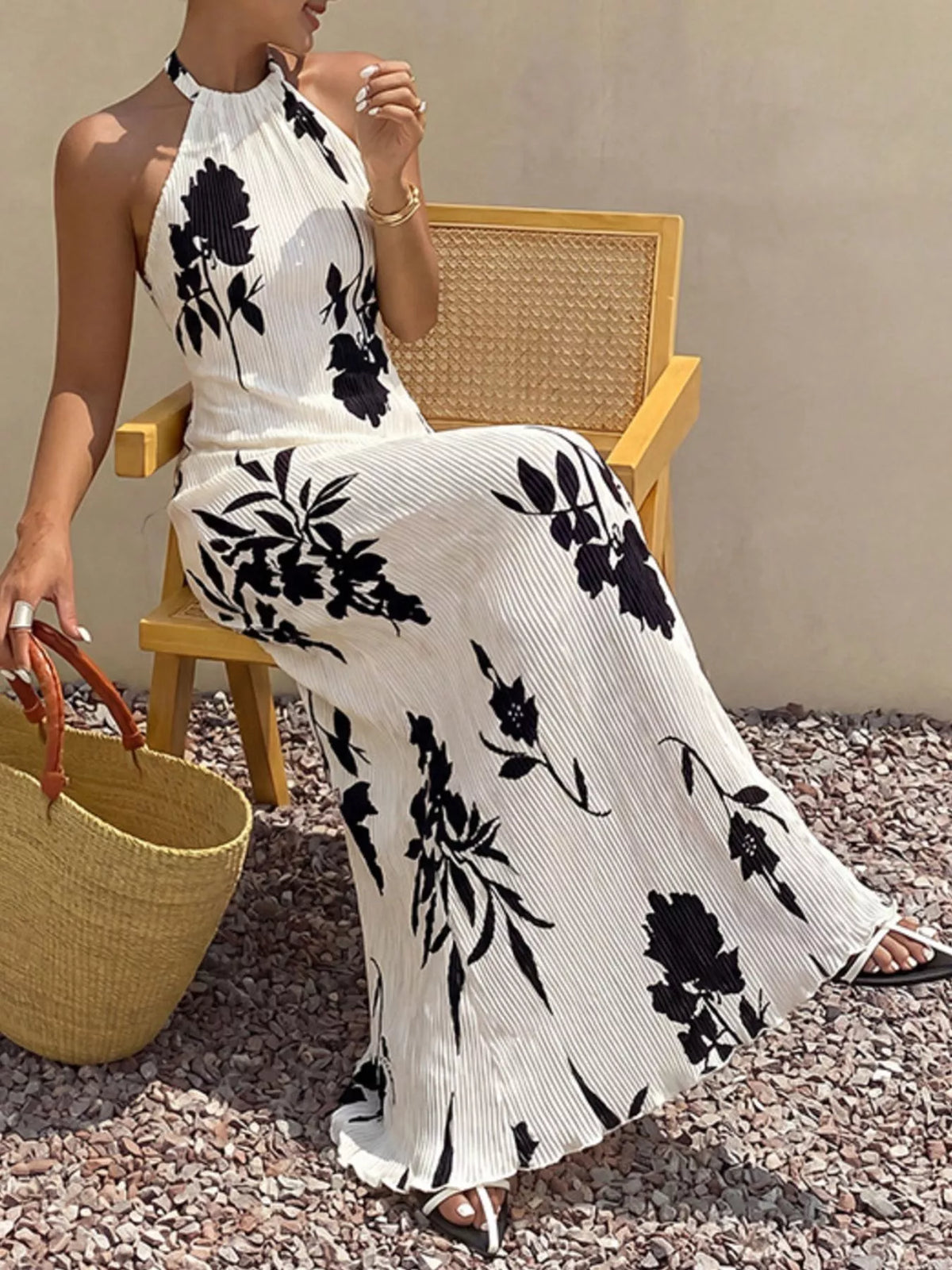Floral Print Halter Neck Maxi Dress in White