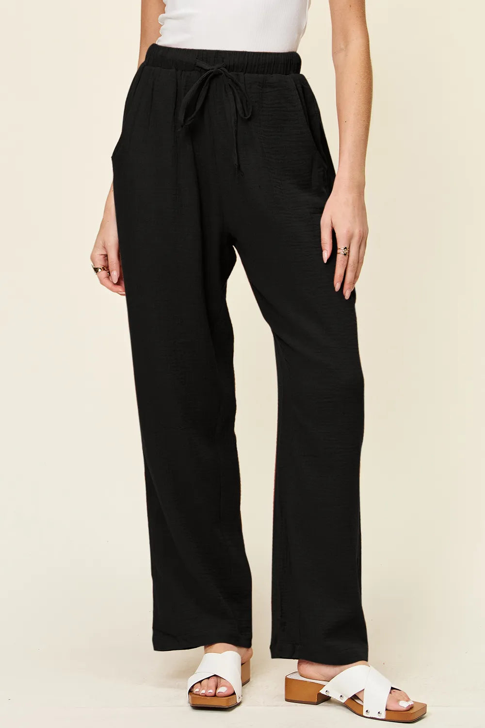 Double Take Textured Drawstring Straight Pants