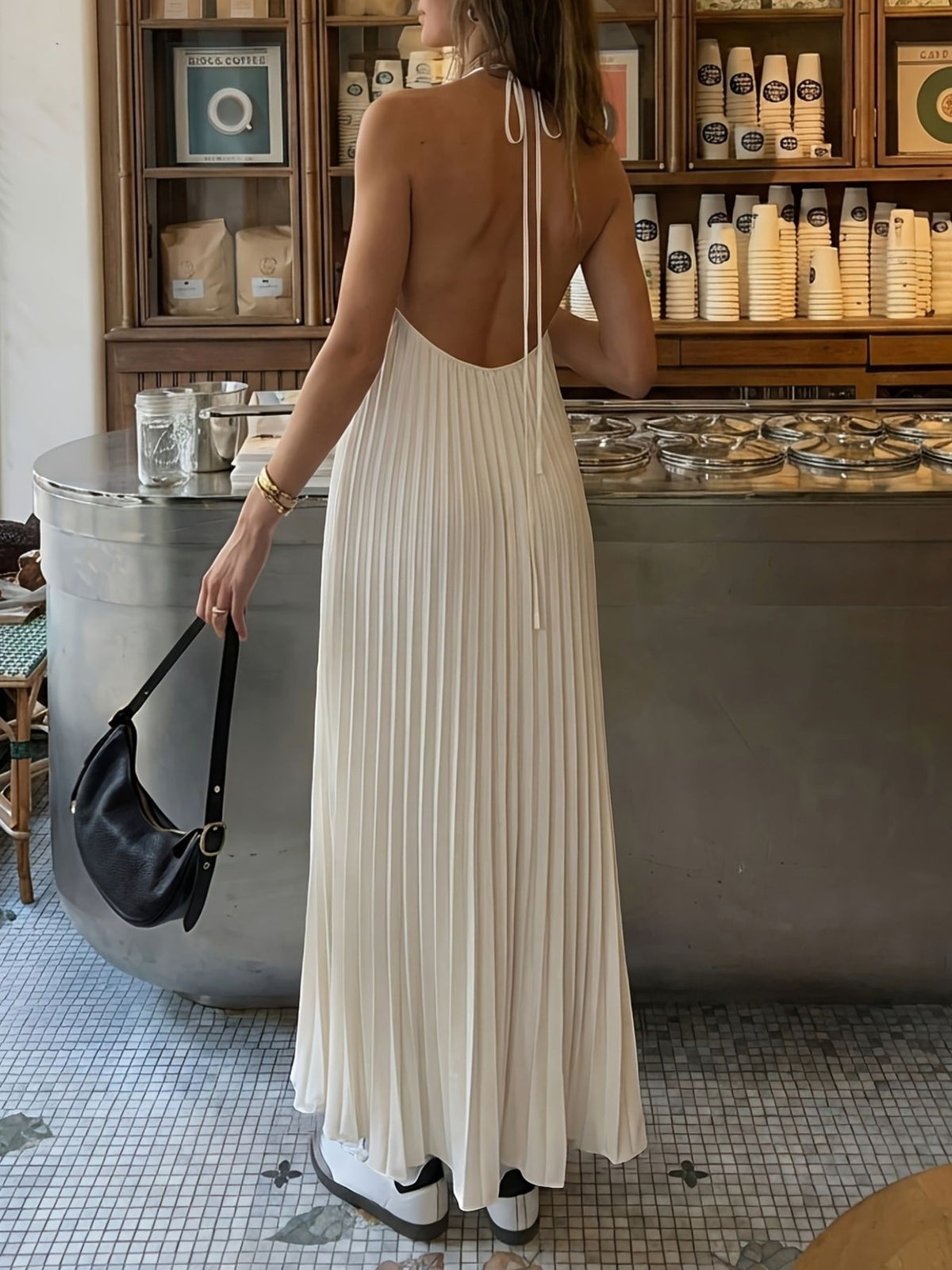 Pleated Halter Neck Maxi Dress
