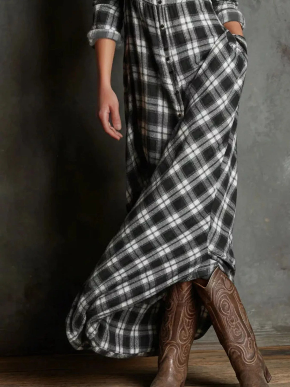 Plaid Button-Down Maxi Dress with Pockets