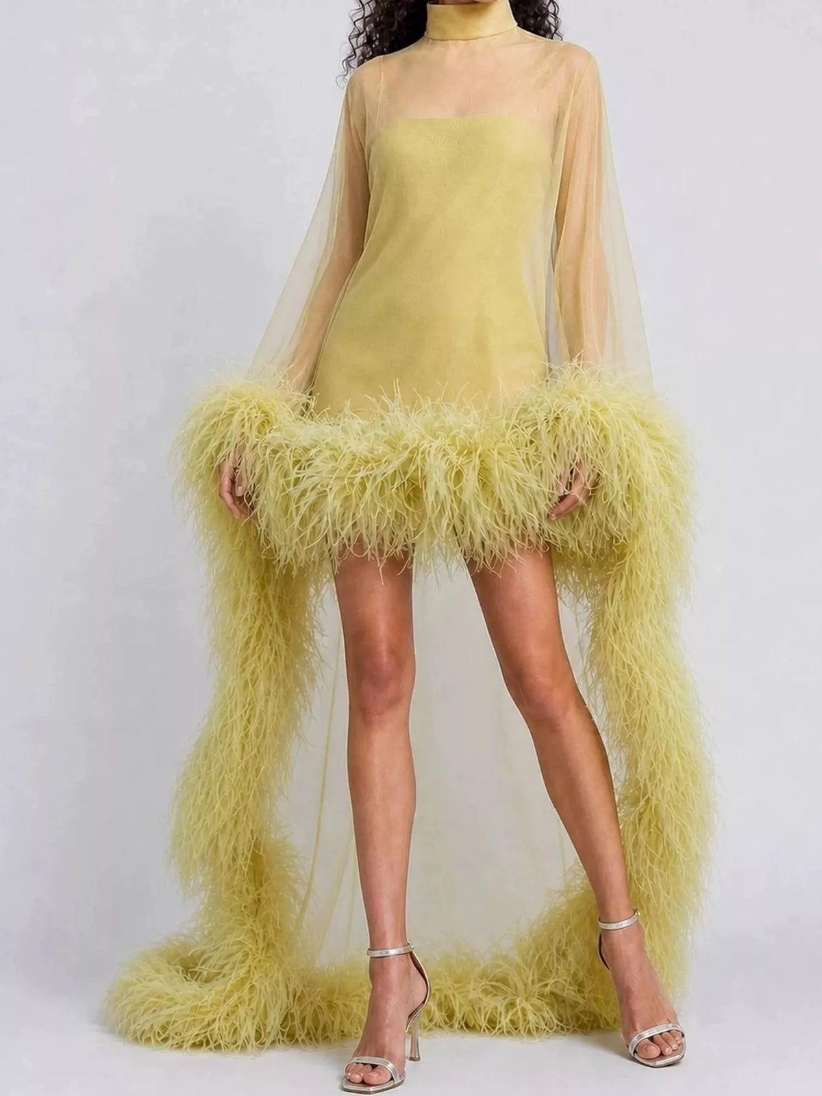 Feather-Trimmed Mini Dress in Green