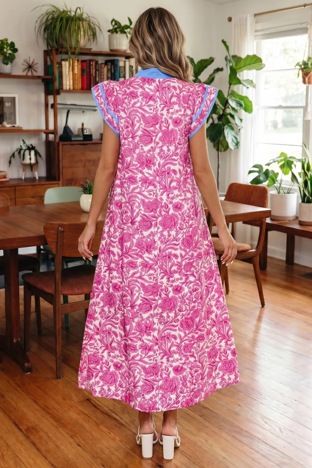 Floral Print Ruffle Cap Sleeve Dress in Pink