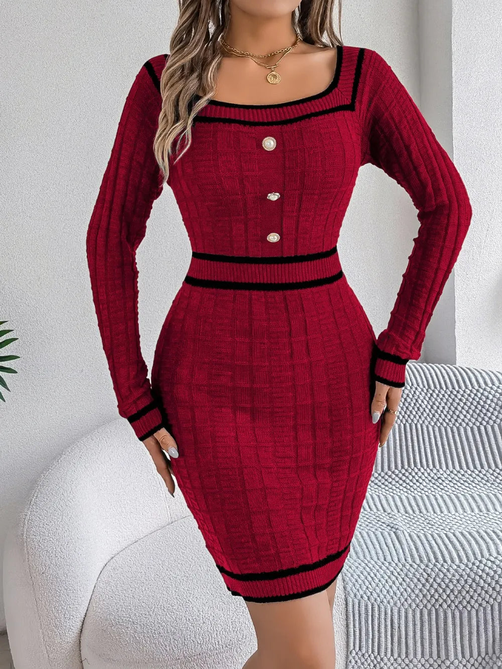Contrast-Trim Long-Sleeve Sweater Dress